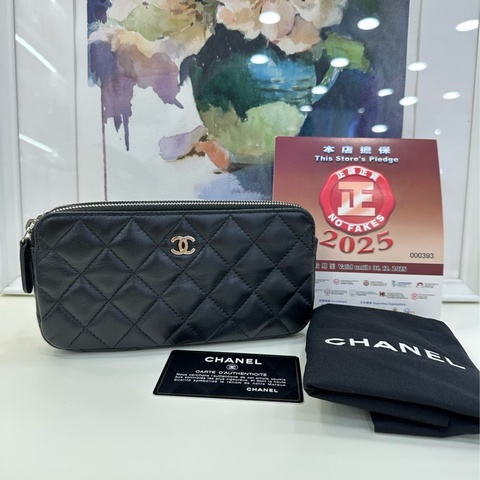 Chanel香奈兒 黑銀 經典晚宴包羊皮雙层鏈條包 27開