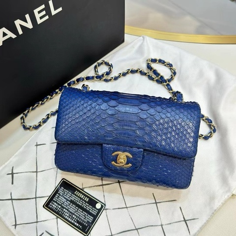 Chanel香奈兒大mini cf蟒蛇皮藍色肩背包