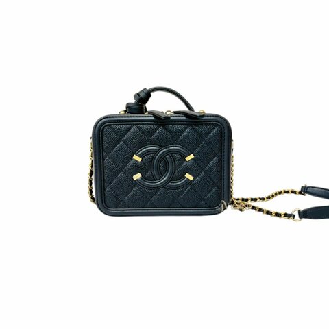 chanel 包包vanity case黑金粒紋牛皮大C logo化妝箱小號鏈包17cm
