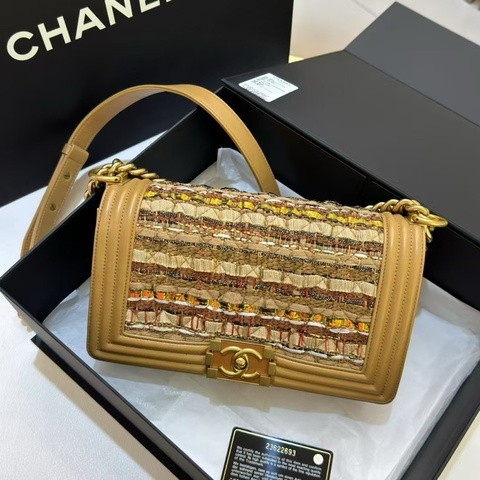 Chanel香奈兒毛呢編織限量款中號leboy金色肩背包