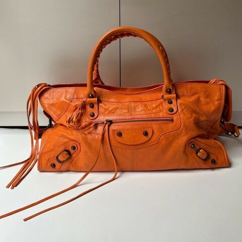 Balenciaga 小釦橘色皮革機車包 part time