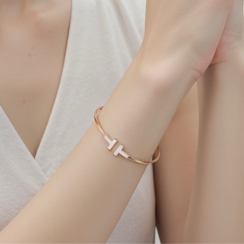 TIFFANY & CO.蒂芙尼 T 系列 線圈 開口可調節 珍珠母貝手鐲 玫瑰金