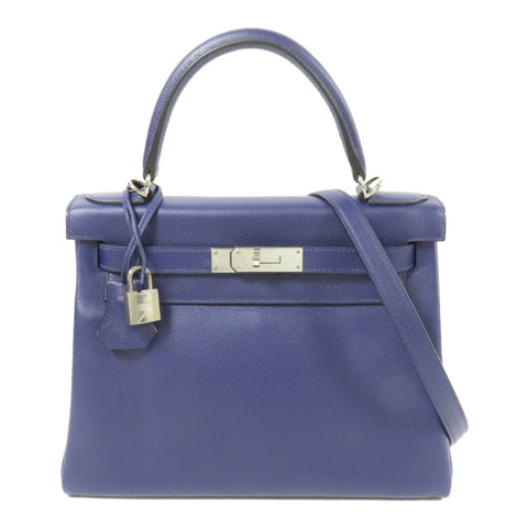 HERMES Evercolor皮革Kelly 28銀扣手挽肩背兩用袋Mauve Sylvestre