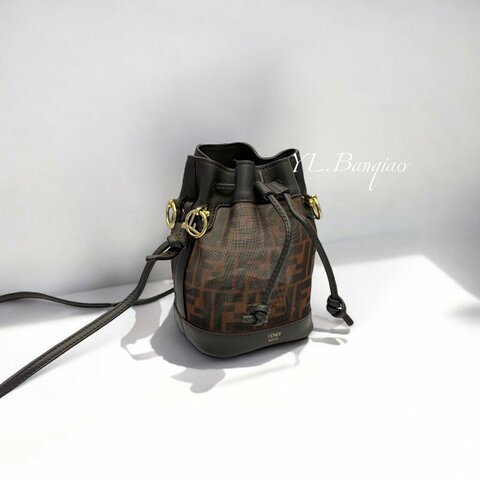 FENDI Mon Tresor棕色FF網布迷你水桶包
