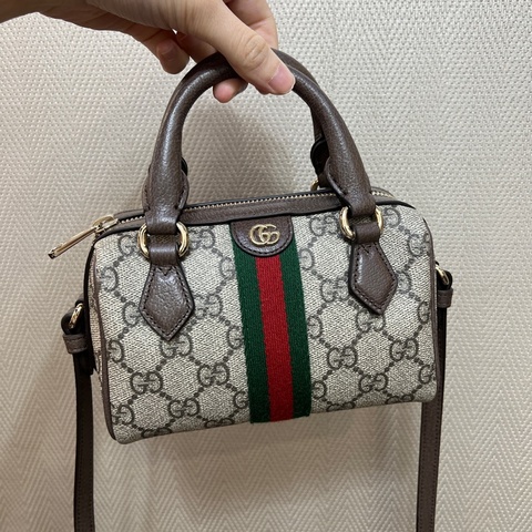 Gucci PVC咖牛皮Ophidia金釦迷你手提斜背波士頓包