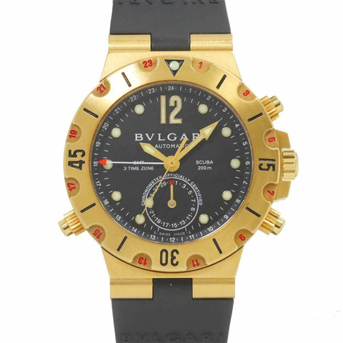 BVLGARI Diagono Scuba GMT SD38GGMT 男士手錶日期黑色 K18YG 金色自動上鍊