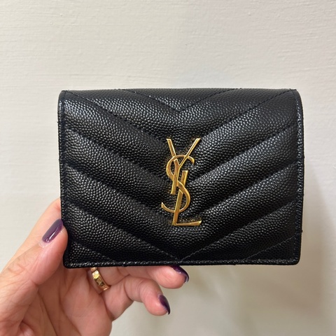 YSL 黑魚子醬牛皮金釦短夾