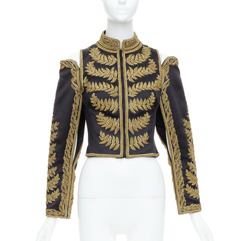 rare ALEXANDER MCQUEEN 2011 Runway black gold foliage embroidery crop military jacket IT38 XS