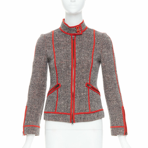 MOSCHINO CHEAP CHIC Vintage grey wool tweed red piping  moto jacket IT38 XS