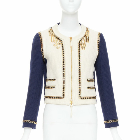 MOSCHINO navy white gold logo charm chain cream tweed jacket IT40 S