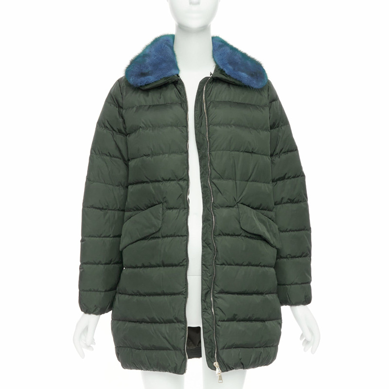 MONCLER Indis Giabotto blue fur collar khaki quilt puffer jacket Sz1-0