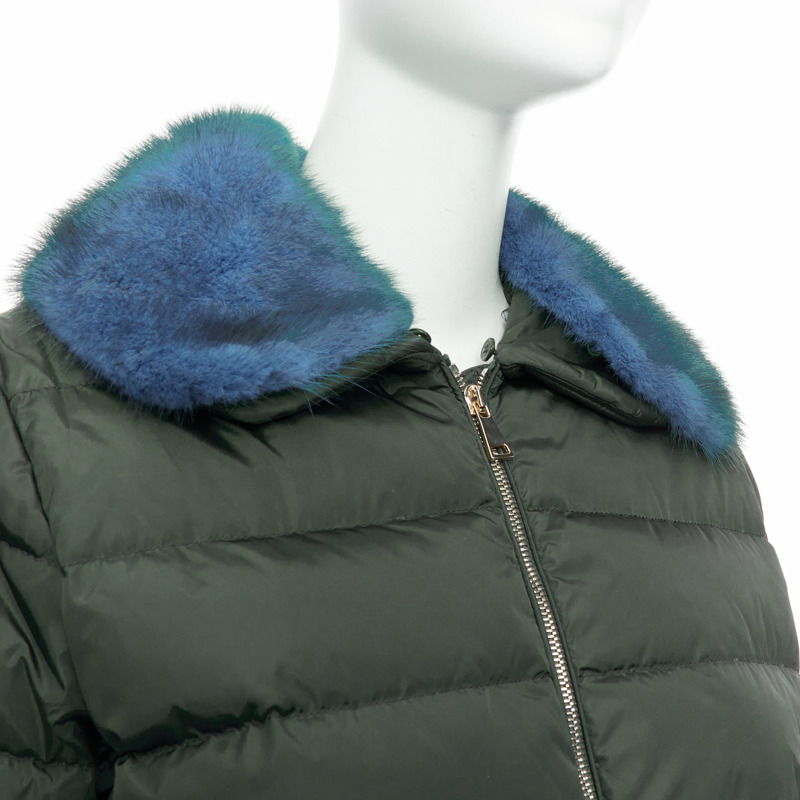 MONCLER Indis Giabotto blue fur collar khaki quilt puffer jacket Sz1-1
