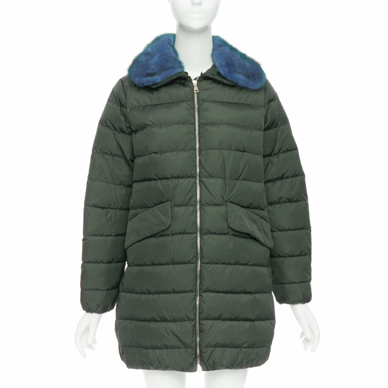 MONCLER Indis Giabotto blue fur collar khaki quilt puffer jacket Sz1-2