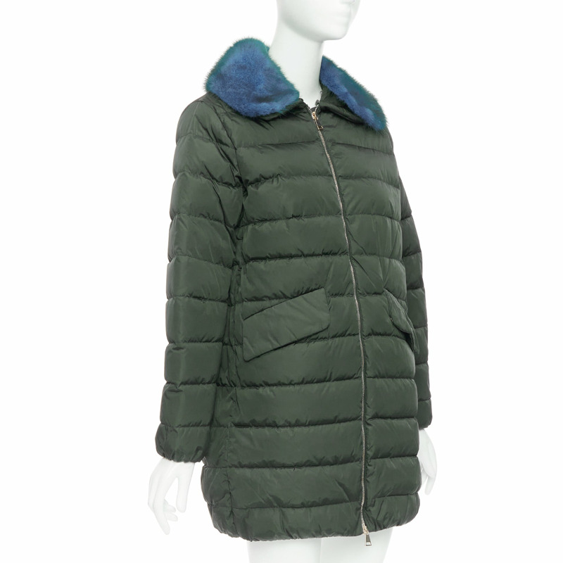 MONCLER Indis Giabotto blue fur collar khaki quilt puffer jacket Sz1-3