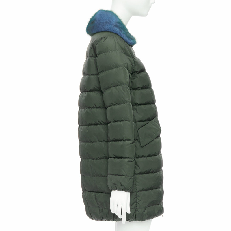 MONCLER Indis Giabotto blue fur collar khaki quilt puffer jacket Sz1-4