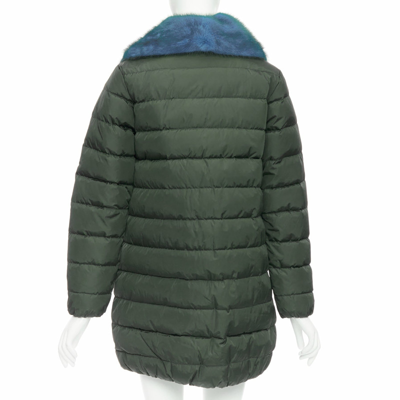 MONCLER Indis Giabotto blue fur collar khaki quilt puffer jacket Sz1-5