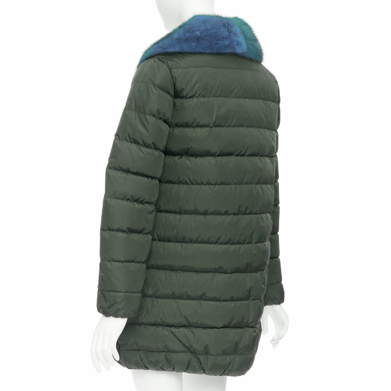 MONCLER Indis Giabotto blue fur collar khaki quilt puffer jacket Sz1-6