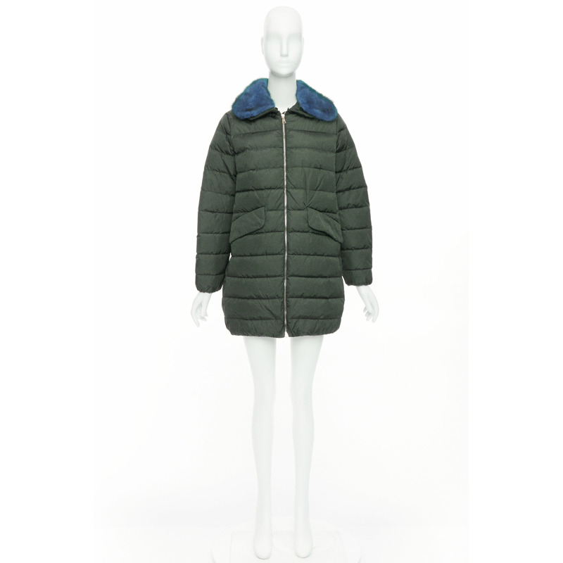 MONCLER Indis Giabotto blue fur collar khaki quilt puffer jacket Sz1-9