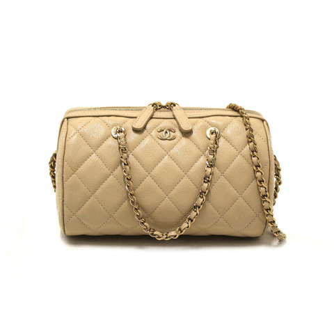 Chanel Beige Quilted Caviar Leather Mini Bowling with Chain Bag