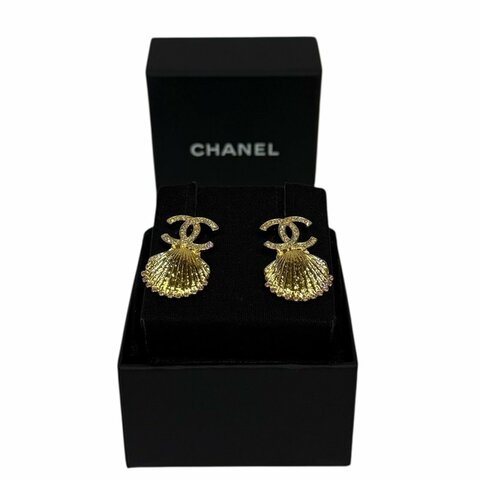 【美收精品】CHANEL 金色貝殼彩鑽耳環 3-103