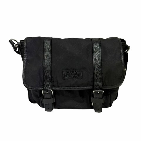 【美收精品】GUCCI 黑色帆布皮革拼接肩背包 3-173