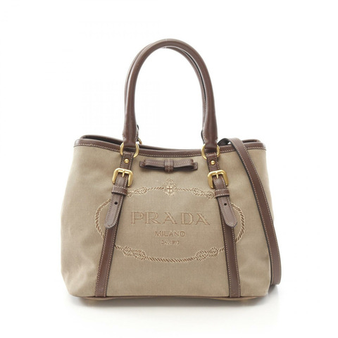 PRADA 單肩托特包 BN1841 帆布皮革米棕色二手女士包