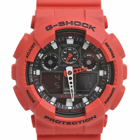 卡西歐男式 G-SHOCK 電池供電數模錶盤紅色不銹鋼橡膠碳樹脂 G-Shock 手錶 CASIO GA-100B-4AER