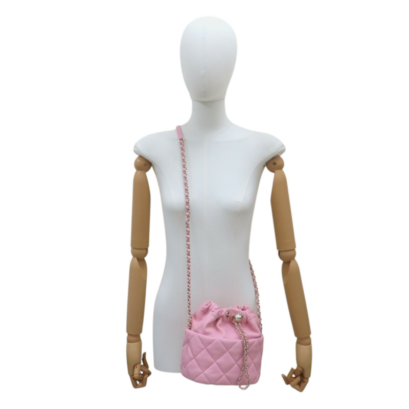 粉色 羊皮 鍊帶 水桶包 肩背包-11