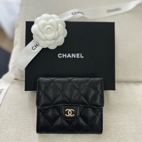 Chanel 經典三折短夾 黑金荔枝牛皮 全新全配