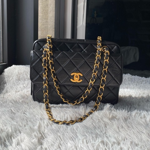 CHANEL VINTAGE 黑色 小羊皮 菱格紋 18K金釦 肩背包 相機包 記者包