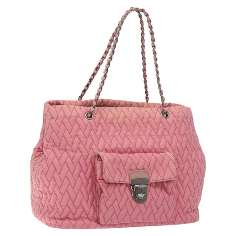 PRADA 鏈條托特包 尼龍 粉紅色 銀色 正品 128405
