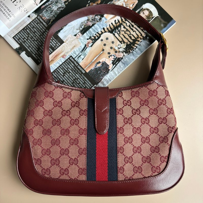 ::GUCCI:: 636706  Jackie 1961 酒紅色皮革拼接緹花布 賈姬包 肩背包 斜背包-1