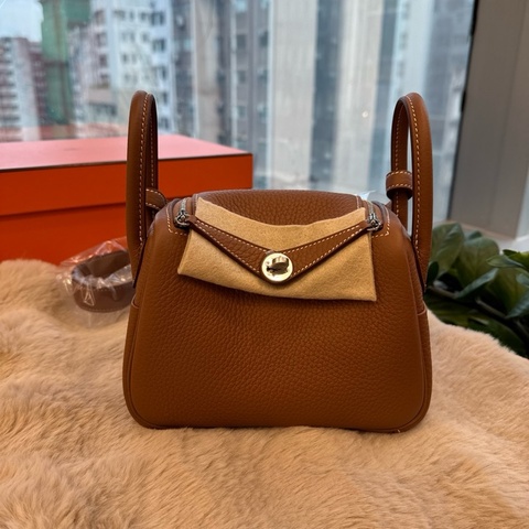 HERMES Minilindy 金棕銀釦 tc皮 stamp w