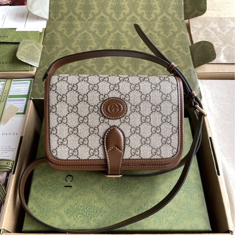 GUCCI古馳 老花Logo 皮革 單肩斜挎包 迷你 男女同款 棕色