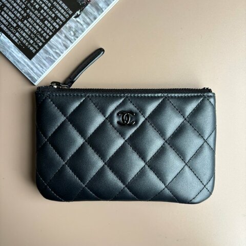 ::CHANEL::  SO BLACK 鐵灰色羊皮零錢包 錢包 卡夾字拉鍊零錢包