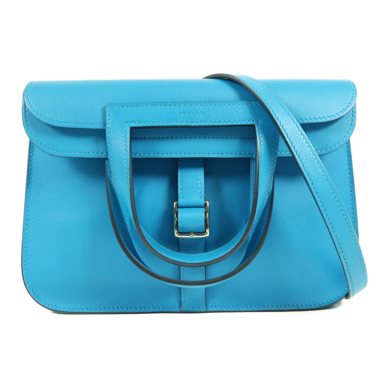 HERMES Swift皮革Halzan 25銀扣手挽肩背兩用袋Blue Frida-0