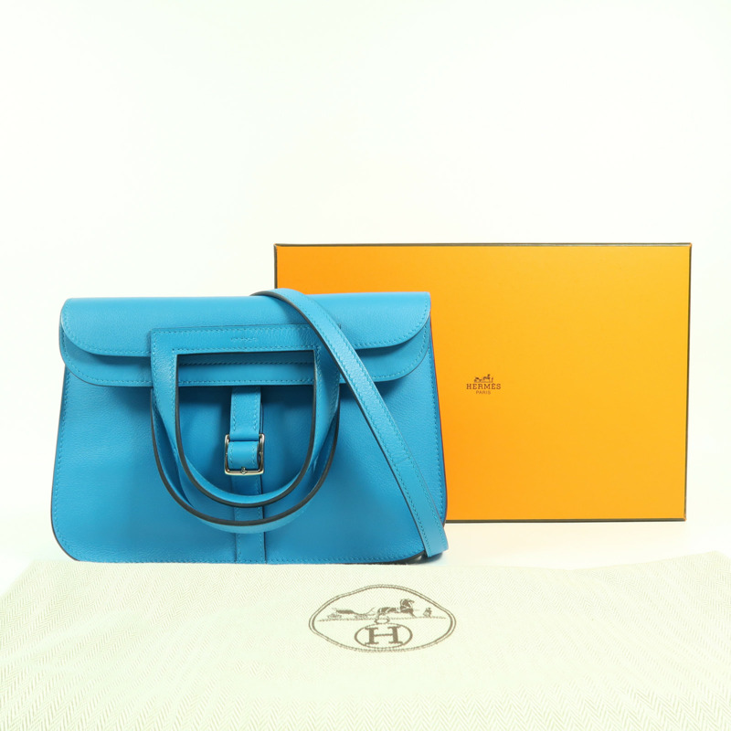 HERMES Swift皮革Halzan 25銀扣手挽肩背兩用袋Blue Frida-9