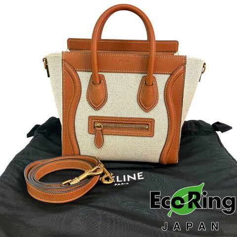 △ Celine 思琳 Brown And Beige Calfskin Canvas Nano Luggage 2 Way Bag 啡色和米色小牛皮帆布兩用袋 - 257011238