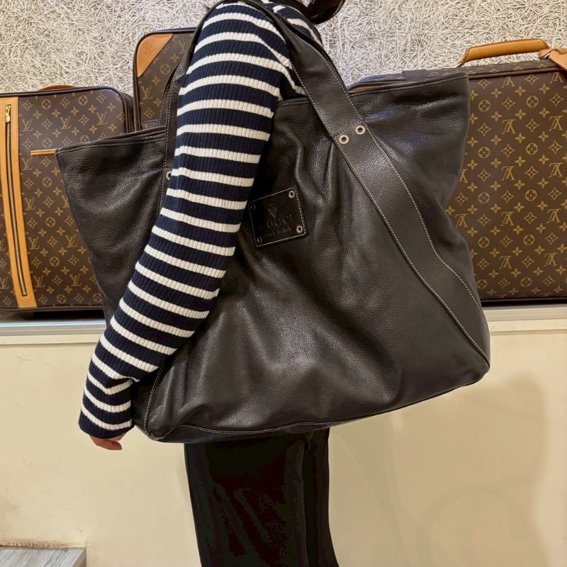 Gucci 黑皮革騎士刻印大托特包-2