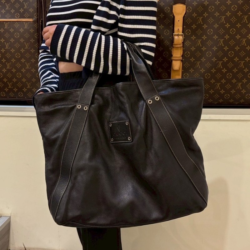 Gucci 黑皮革騎士刻印大托特包-3