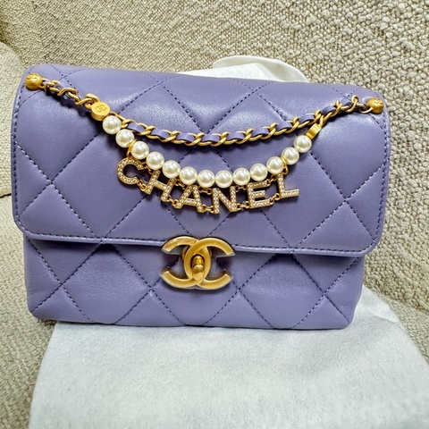 Chanel香奈兒香芋紫珍珠雙鏈方胖子