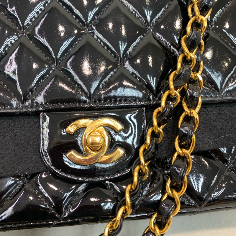 Chanel 香奈兒 黑色漆皮 中古Flap 黑金 I020-18