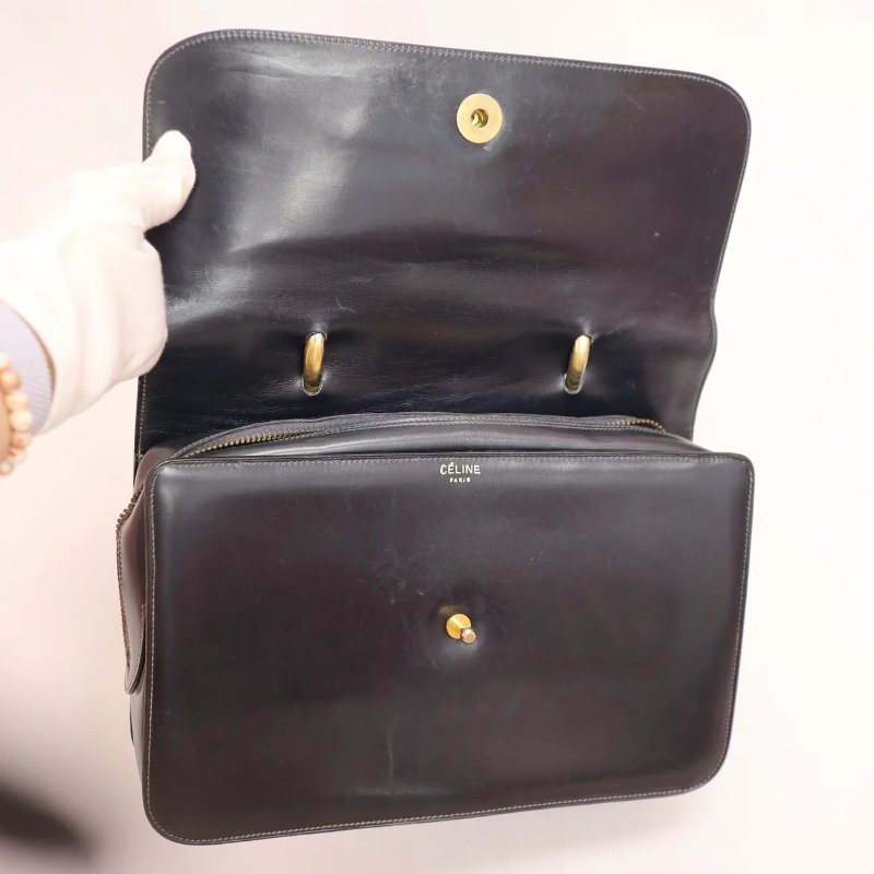 Celine 中古品深藍色手提Kelly型手袋-12