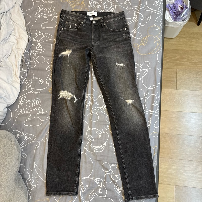 Ck作舊刷破牛仔褲有彈性好穿-0