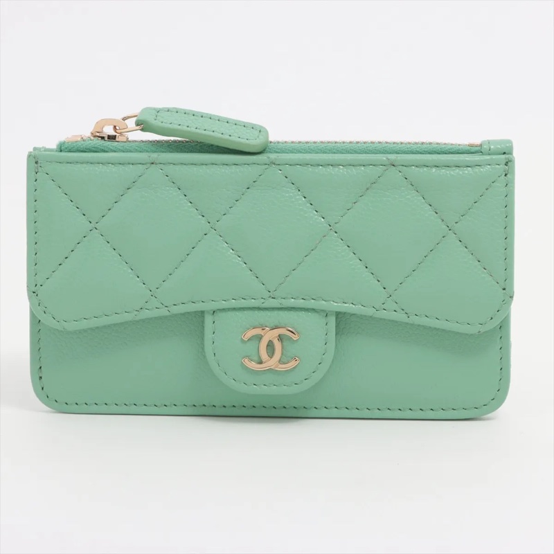 Chanel Caviar Skin Coin Purse Green Gold 香奈兒魚子醬 荔枝紋 卡夾 卡套-0