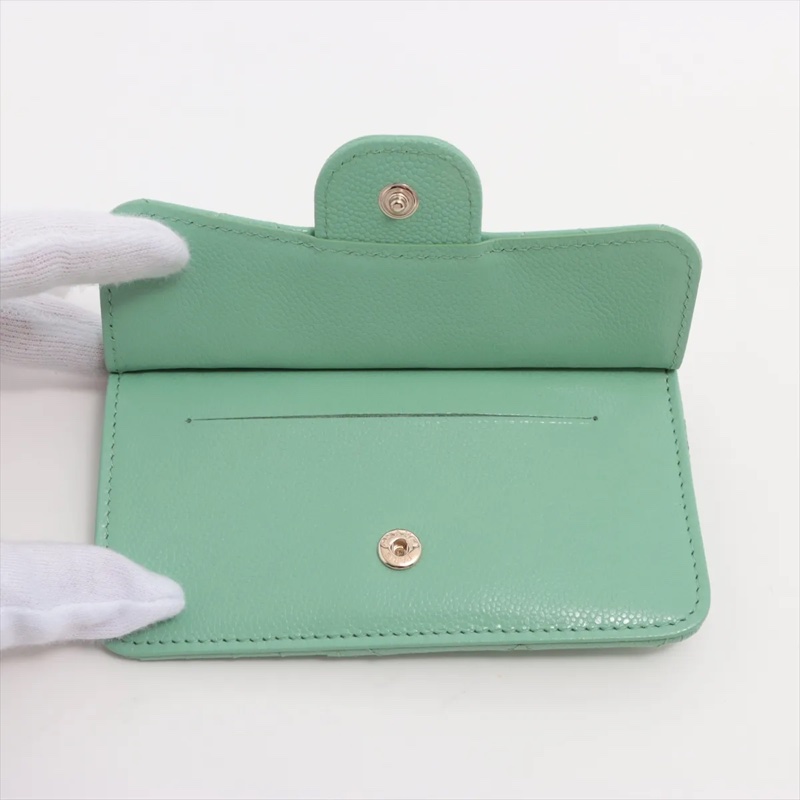 Chanel Caviar Skin Coin Purse Green Gold 香奈兒魚子醬 荔枝紋 卡夾 卡套-3