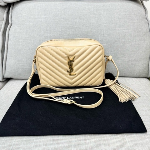 YSL 聖羅蘭 流蘇相機包 斜背包 奶茶色 金扣