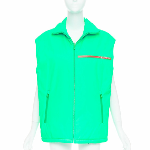 PRADA 2018 Linea Rossa Primaloft neon green nylon red logo puffer vest S