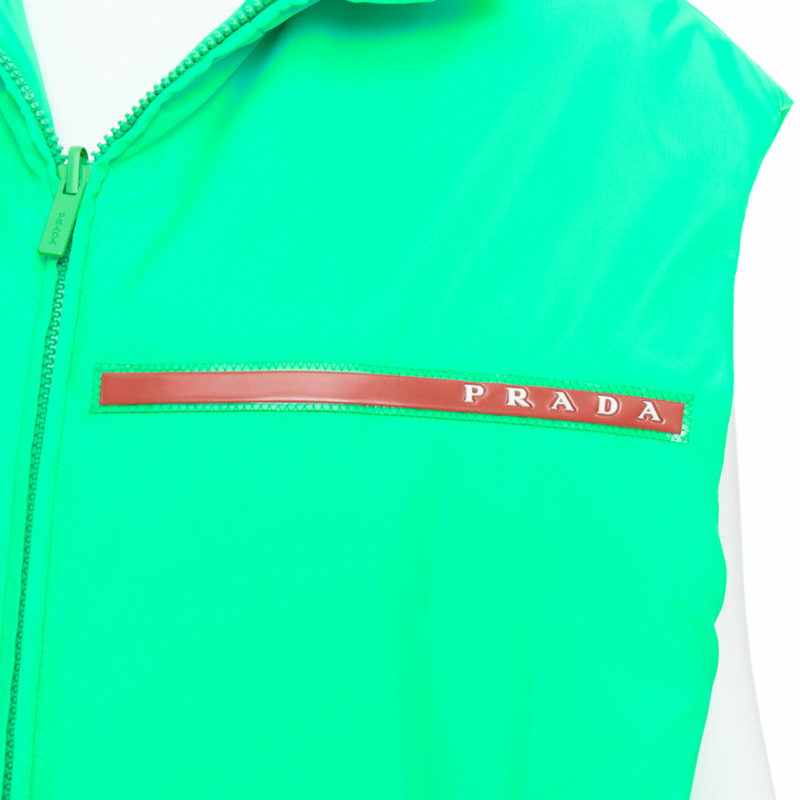 PRADA 2018 Linea Rossa Primaloft neon green nylon red logo puffer vest S-1