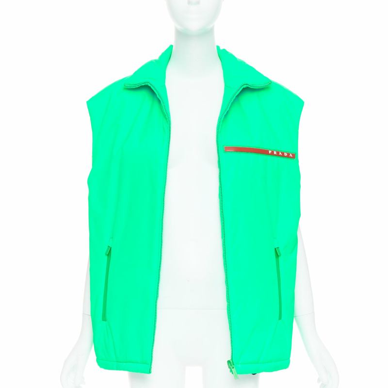 PRADA 2018 Linea Rossa Primaloft neon green nylon red logo puffer vest S-2